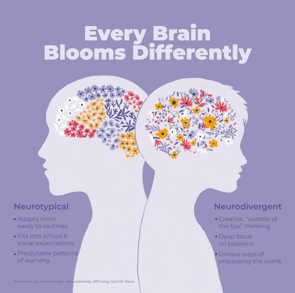 an illustrated infographic showing a neurotypical and neurodivergent brain in the form of gardens